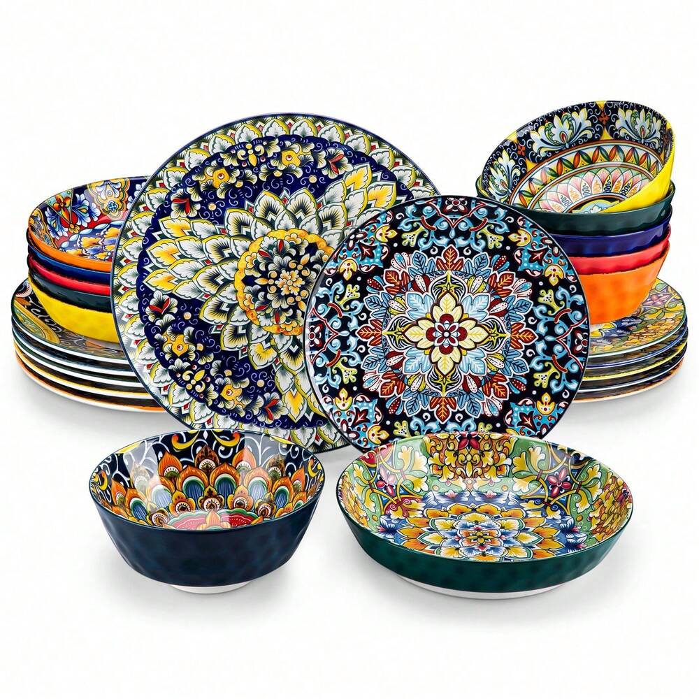 24pcs Multicolor Porcelain Dinnerware Set Bohemian Style Plates Bowls Mugs For 6 Ceramic Stamping Design Kitchen Dining Tableware