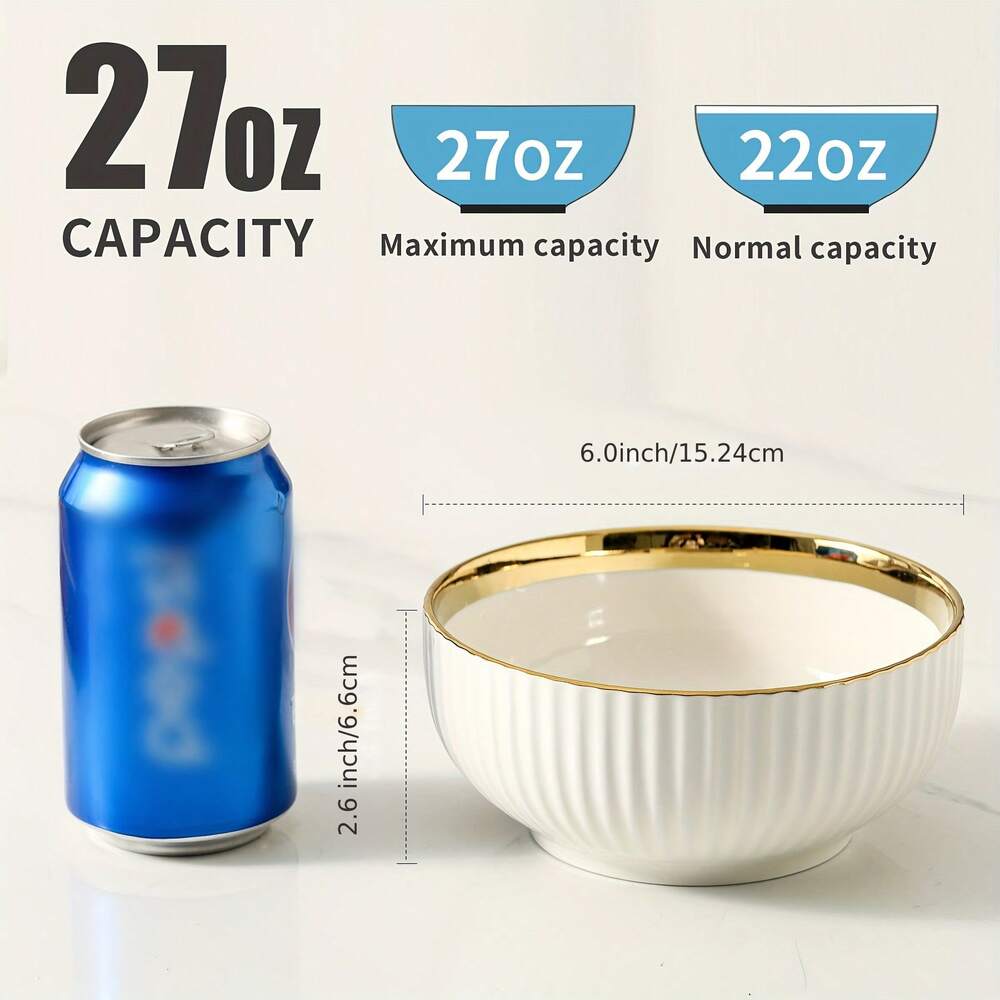 4pcs Ceramic Soup Bowls 27oz Large Cereal Salad Pasta Rice Snack Bowls Durable Dinnerware Kitchen Dishwasher Friendly Elegant Tableware