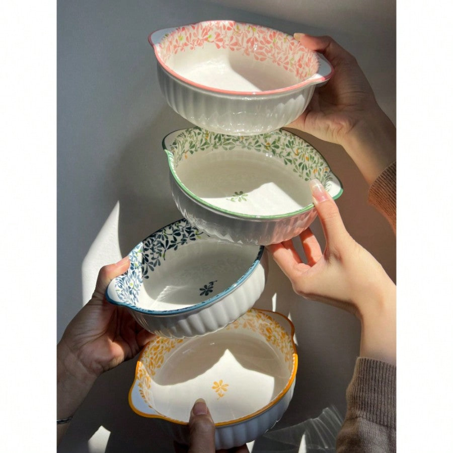 1/4pcs Dual Ear Floral Ceramic Bowls Large Capacity Soup Salad Pasta Noodle Fruit Bowls Oven Microwave Safe Picnic Hot Pot Tableware