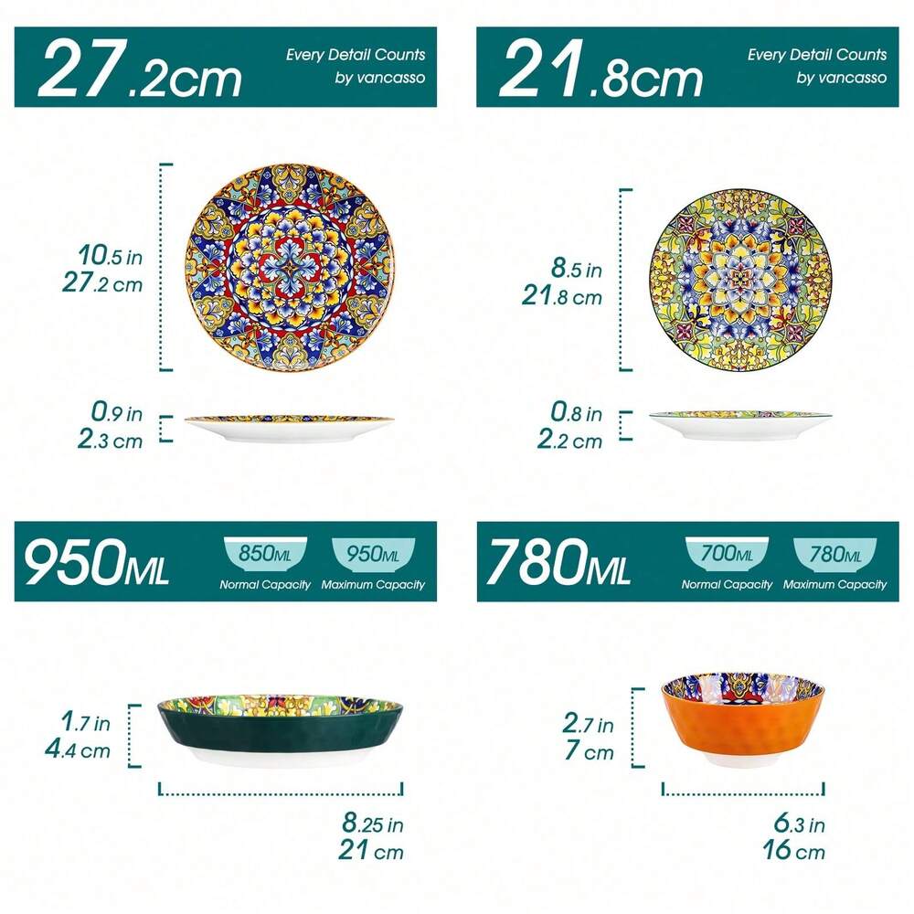 24pcs Multicolor Porcelain Dinnerware Set Bohemian Style Plates Bowls Mugs For 6 Ceramic Stamping Design Kitchen Dining Tableware