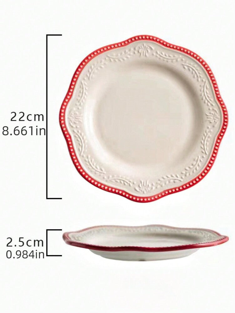 1pc Asymmetrical Ceramic Plate Embossed Floral Edge Nordic Style Retro Wheat Spike Breakfast Dessert Cake Dish Kitchen Dining Tableware