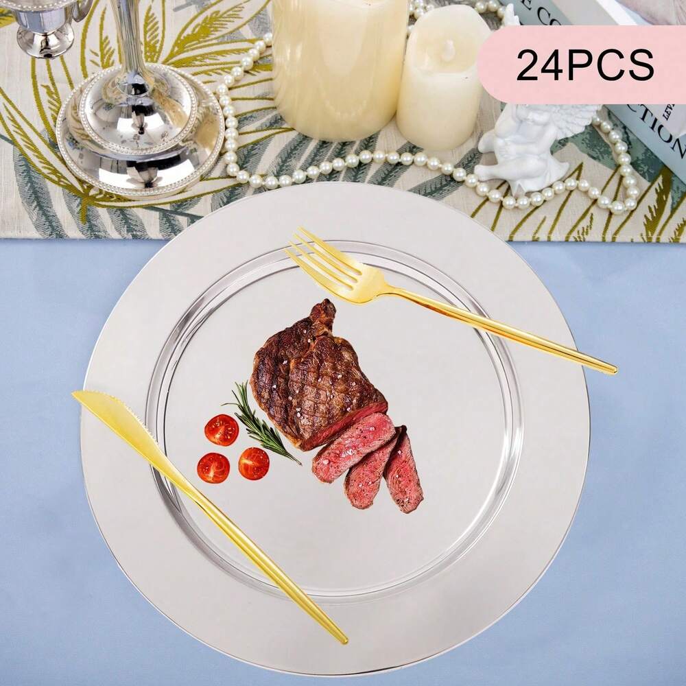 24pcs Stainless Steel Dessert Plates Silver Western Style Serving Dishes Elegant Home Office Kitchen Dining Party Tableware Set