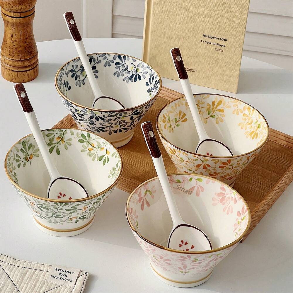 4pcs Ceramic Rice Bowl Set With Spoons Floral Pattern Tableware Oven Microwave Dishwasher Safe Hot Pot BBQ Camping Gift Dining Kitchen