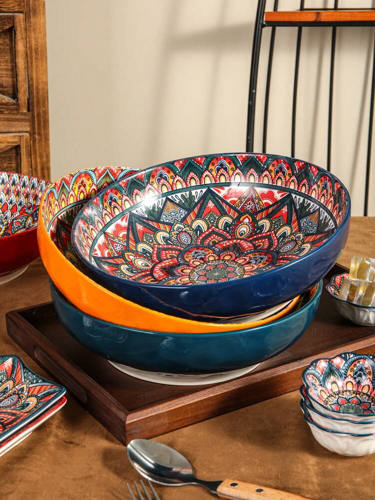 1pc 10 Inch Large Ceramic Bowl Colorful Under Glaze Design Four Options Red Blue Green Orange Restaurant Kitchen Dining Tableware