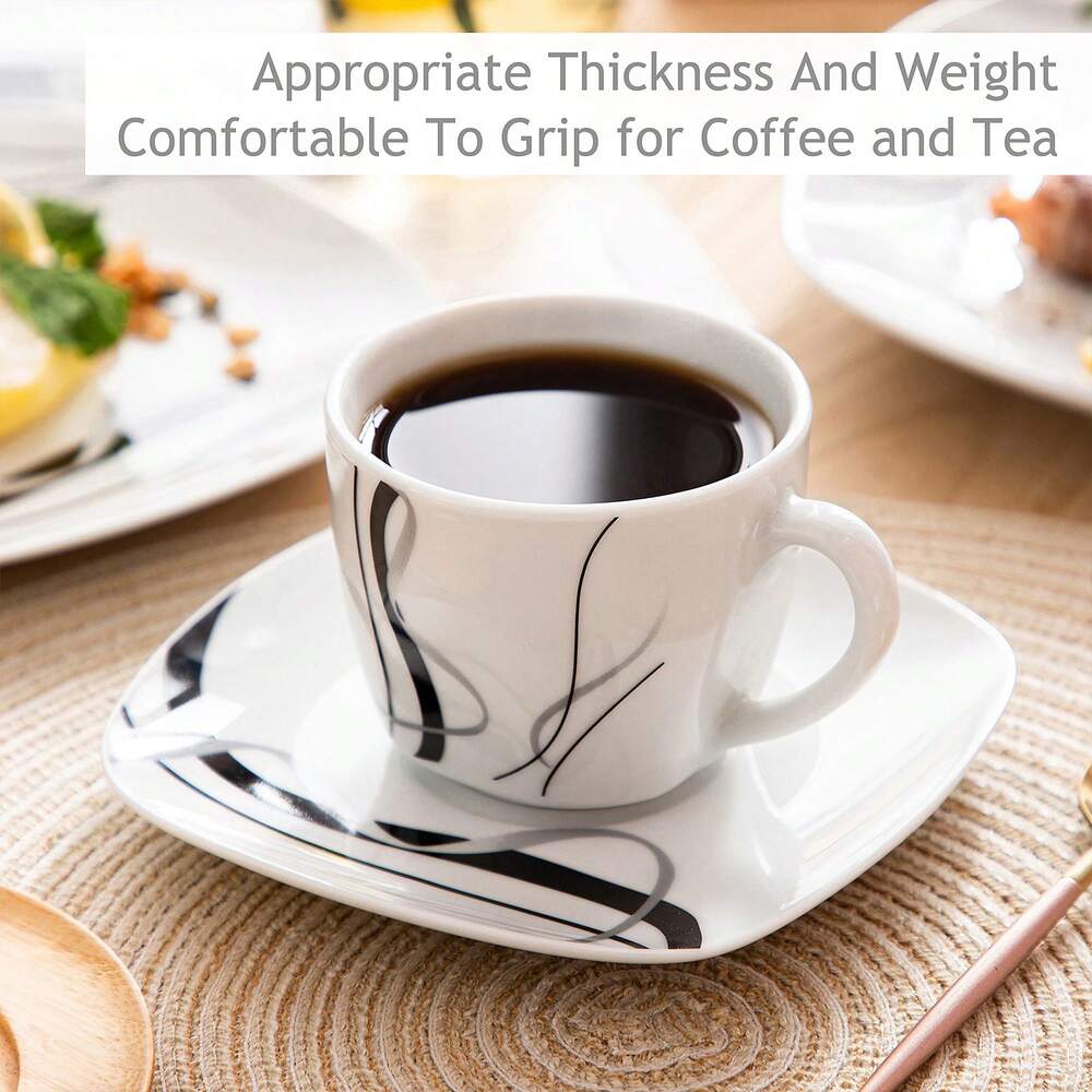 30pcs Porcelain Dinnerware Set White Squircle Plates Bowls Cups Saucers Complete Service For 6 Ceramic Decal Elegant Dining Tableware