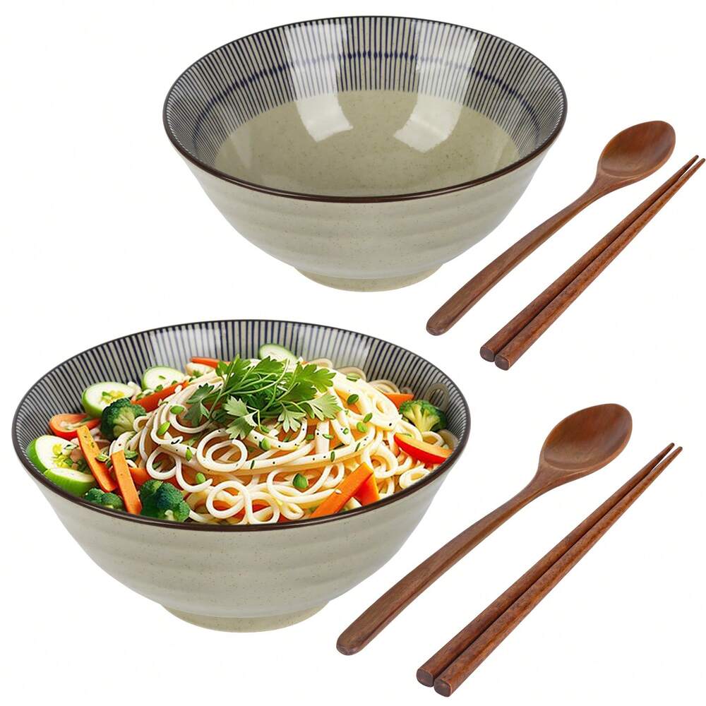 4pcs Japanese Ramen Bowls With Chopsticks 1100ml Large Noodle Soup Pasta Salad Ceramic Housewarming Gift Tableware Set 20cm Diameter