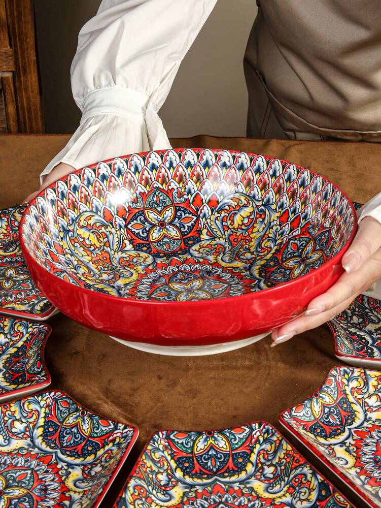 1pc 10 Inch Large Ceramic Bowl Colorful Under Glaze Design Four Options Red Blue Green Orange Restaurant Kitchen Dining Tableware