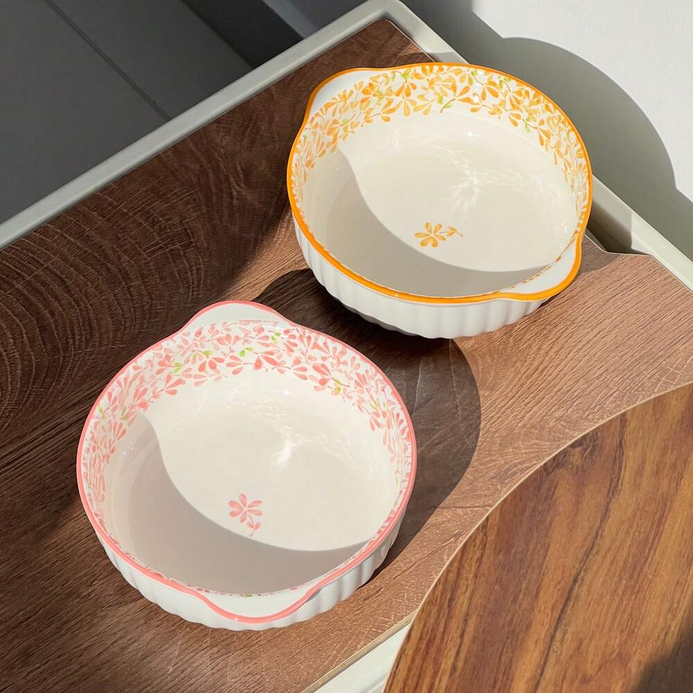 1/4pcs Dual Ear Floral Ceramic Bowls Large Capacity Soup Salad Pasta Noodle Fruit Bowls Oven Microwave Safe Picnic Hot Pot Tableware