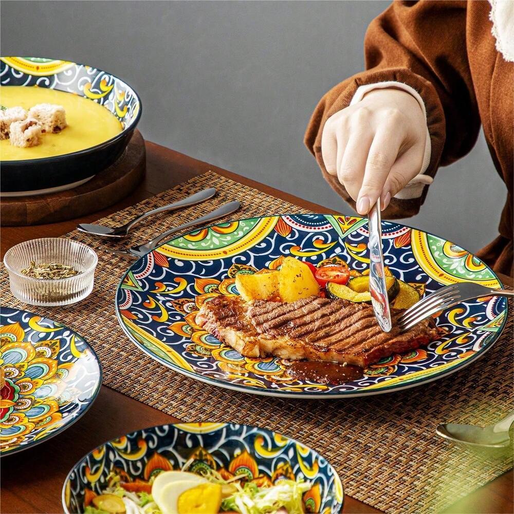 24pcs Multicolor Porcelain Dinnerware Set Bohemian Style Plates Bowls Mugs For 6 Ceramic Stamping Design Kitchen Dining Tableware