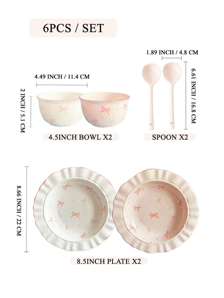 6pcs Ceramic Bowl And Plate Set Cute Breakfast Cereal Oatmeal Lunch Pasta Dish Microwave Safe Dinnerware Holiday Gift Kitchen Tableware
