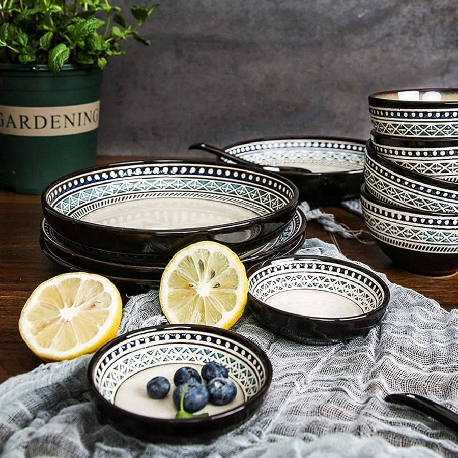 4pcs Ceramic Stackable Plates And Bowls Set Includes Dinner Plate Cup Bowl Scoop Durable Reusable Dinnerware Kitchen Dining Tableware