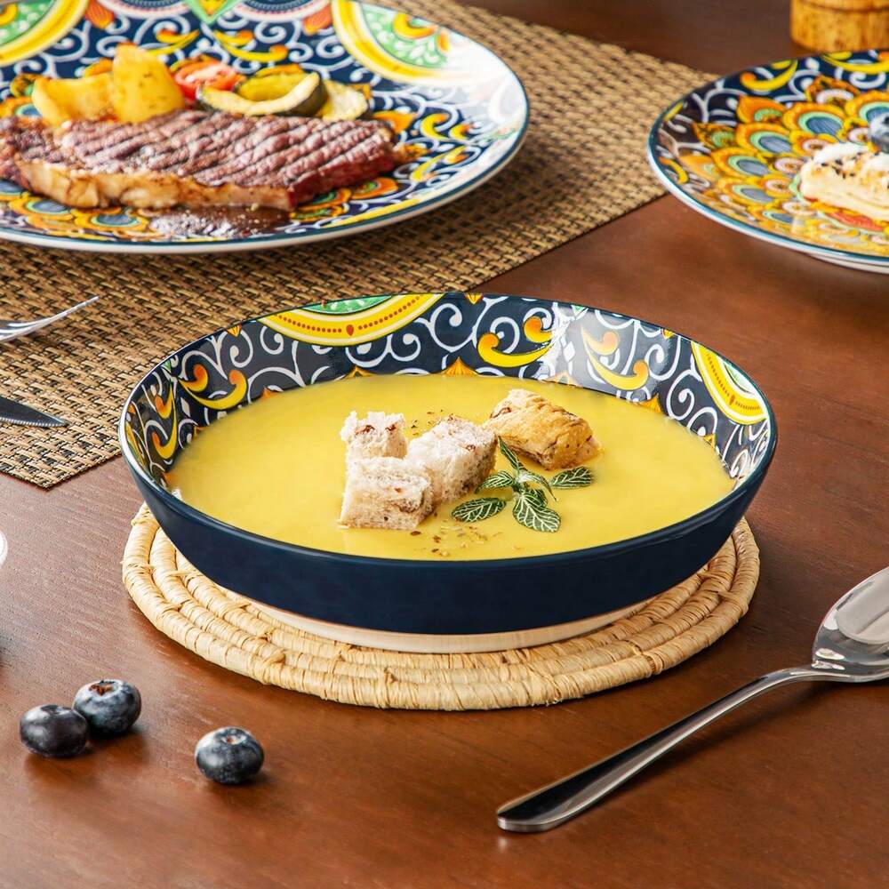 24pcs Multicolor Porcelain Dinnerware Set Bohemian Style Plates Bowls Mugs For 6 Ceramic Stamping Design Kitchen Dining Tableware