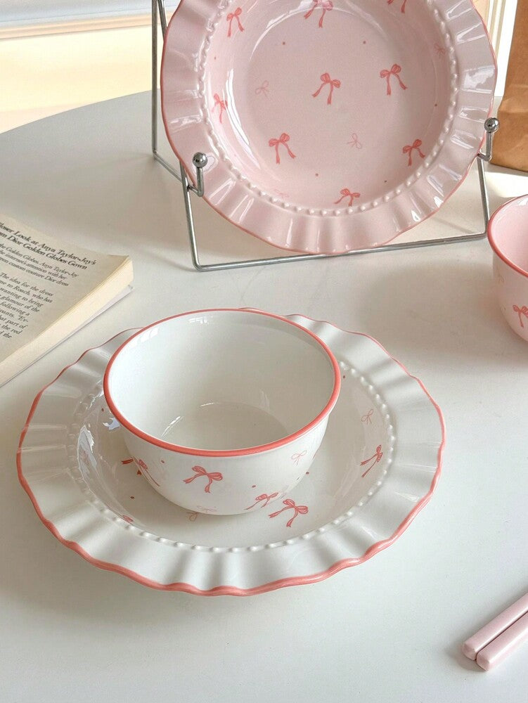 6pcs Ceramic Bowl And Plate Set Cute Breakfast Cereal Oatmeal Lunch Pasta Dish Microwave Safe Dinnerware Holiday Gift Kitchen Tableware