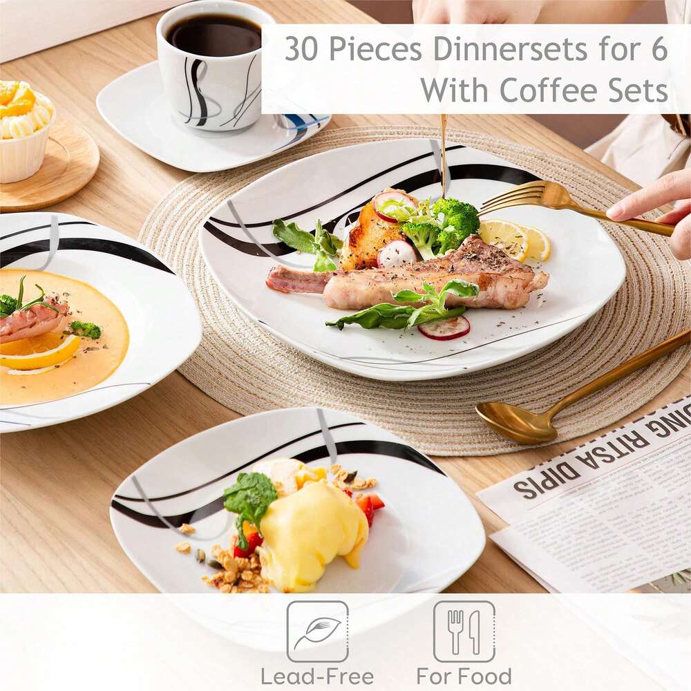 30pcs Porcelain Dinnerware Set White Squircle Plates Bowls Cups Saucers Complete Service For 6 Ceramic Decal Elegant Dining Tableware