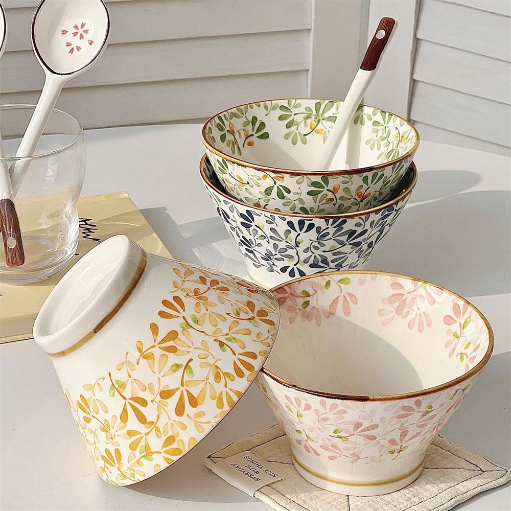 4pcs Ceramic Rice Bowl Set With Spoons Floral Pattern Tableware Oven Microwave Dishwasher Safe Hot Pot BBQ Camping Gift Dining Kitchen