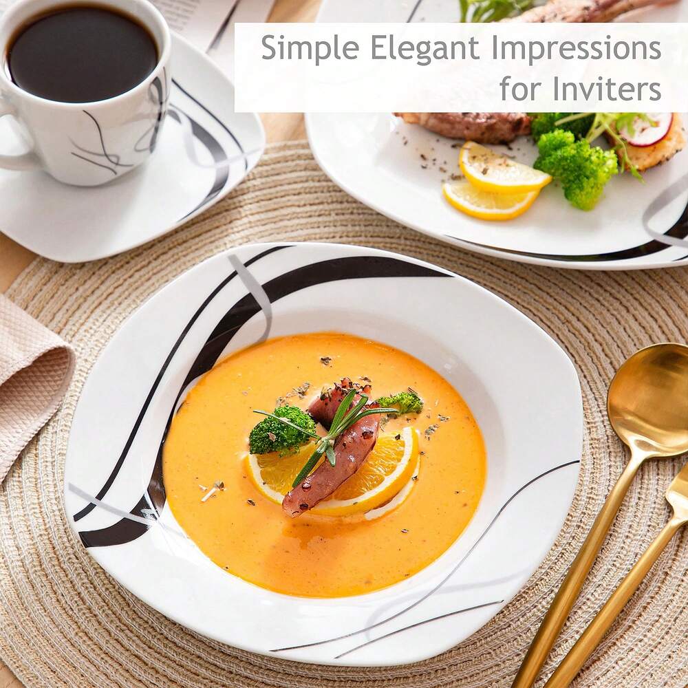 30pcs Porcelain Dinnerware Set White Squircle Plates Bowls Cups Saucers Complete Service For 6 Ceramic Decal Elegant Dining Tableware