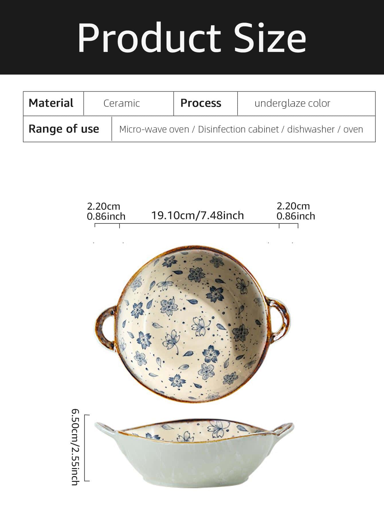 1pc Blue Floral Print Ceramic Bowl Double Ear Noodle Soup Bowl Household Kitchen Dining Tableware Gift Elegant Durable Porcelain Dish