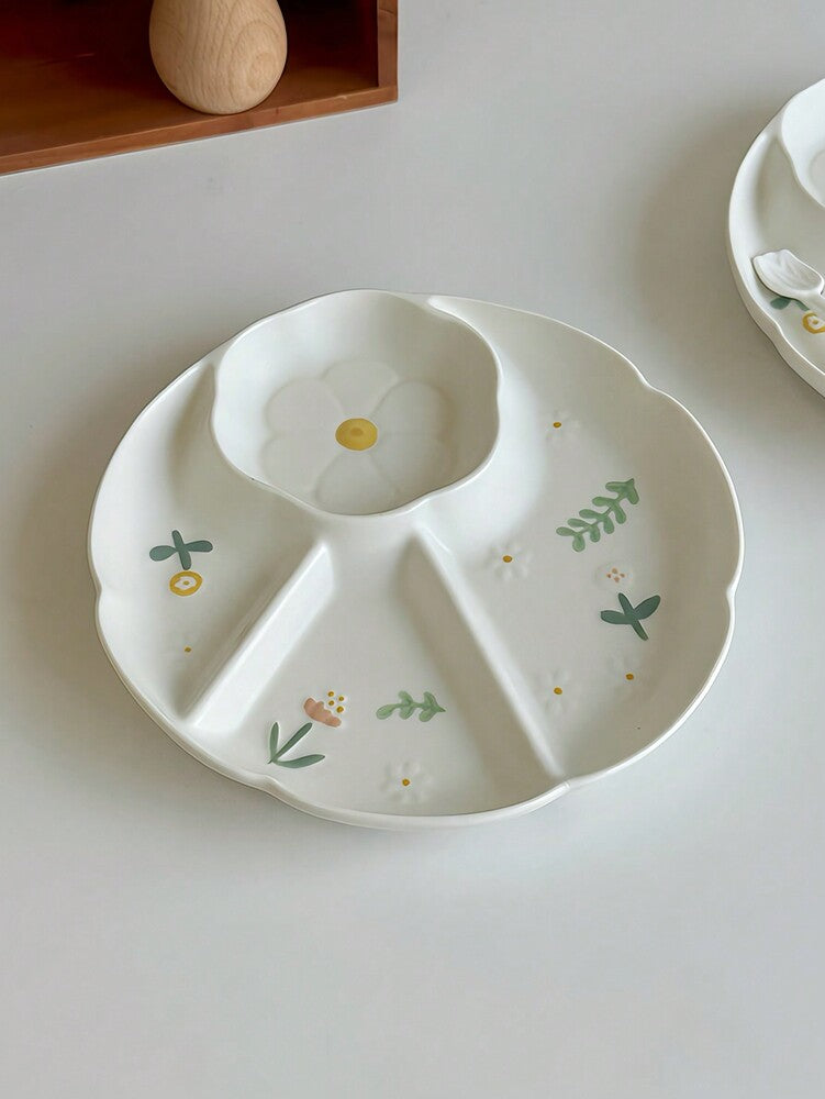 1pc Ceramic Divided Plate Embossed Floral Snack Dish Stylish Daisy Appetizer Tray Household Kitchen Dining Tableware Gift For Family