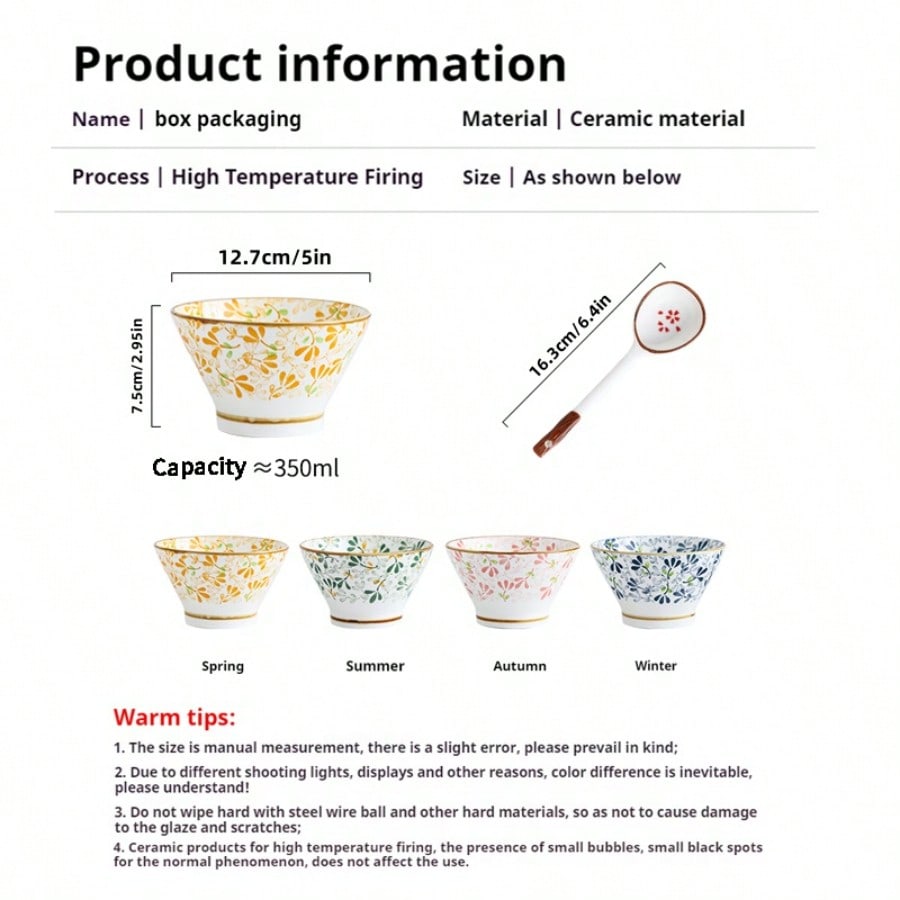 4pcs Ceramic Rice Bowl Set With Spoons Floral Pattern Tableware Oven Microwave Dishwasher Safe Hot Pot BBQ Camping Gift Dining Kitchen