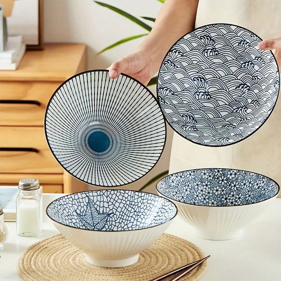 4pcs Ceramic Large Soup Ramen Bowls Creative Pasta Noodle Bowls Durable Tableware For Home Kitchen Restaurants Daily Cooking Supplies