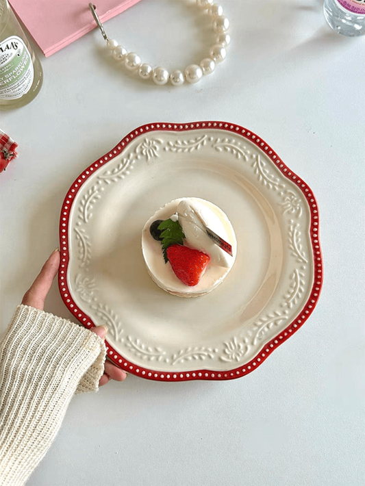 1pc Asymmetrical Ceramic Plate Embossed Floral Edge Nordic Style Retro Wheat Spike Breakfast Dessert Cake Dish Kitchen Dining Tableware