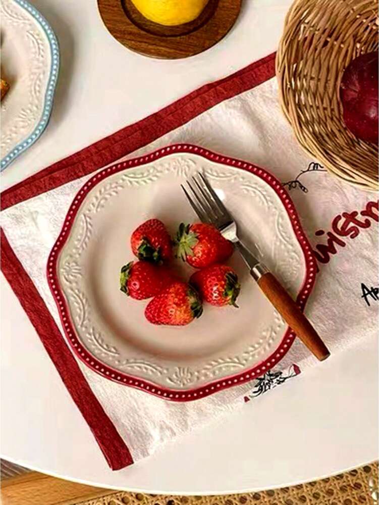 1pc Asymmetrical Ceramic Plate Embossed Floral Edge Nordic Style Retro Wheat Spike Breakfast Dessert Cake Dish Kitchen Dining Tableware