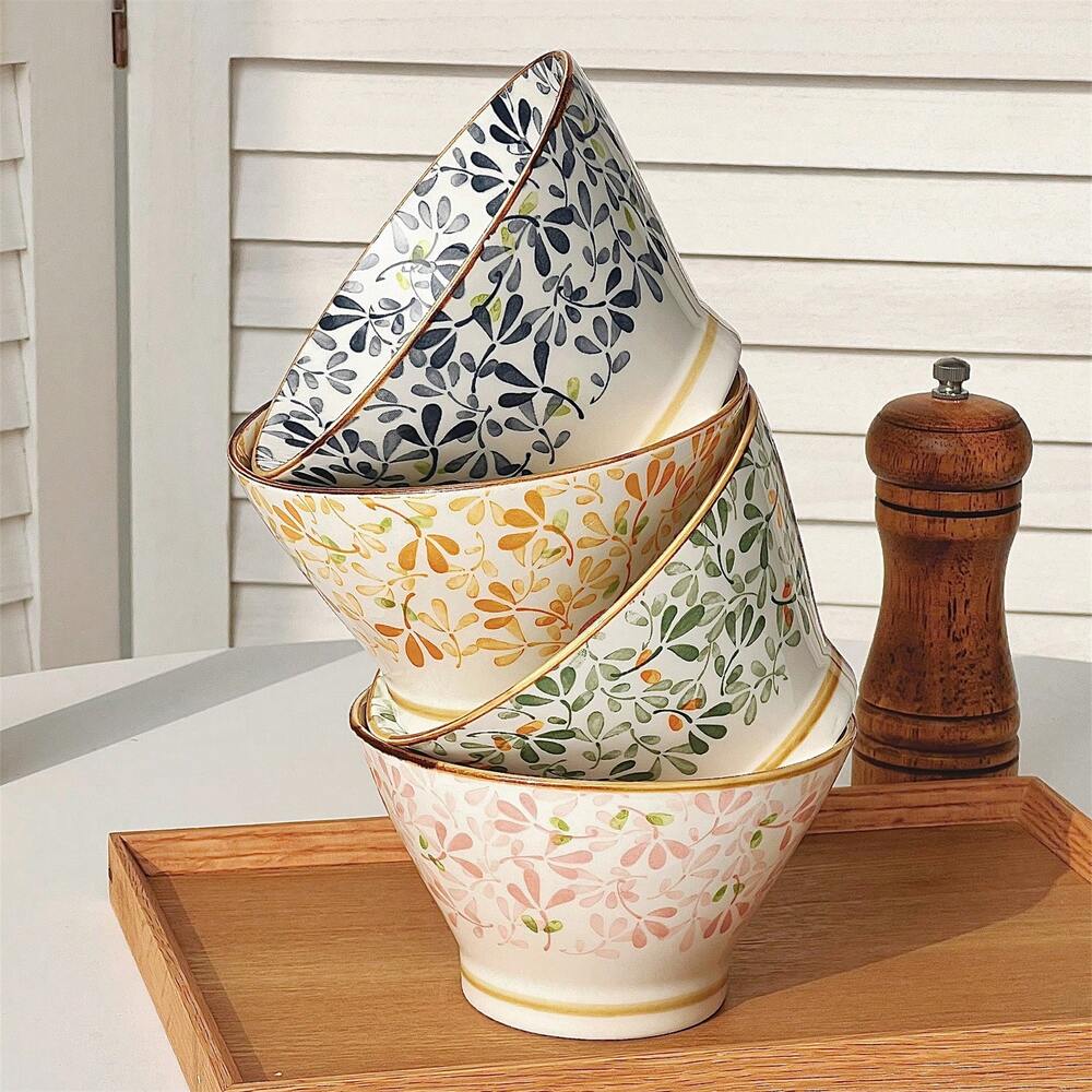 4pcs Ceramic Rice Bowl Set With Spoons Floral Pattern Tableware Oven Microwave Dishwasher Safe Hot Pot BBQ Camping Gift Dining Kitchen