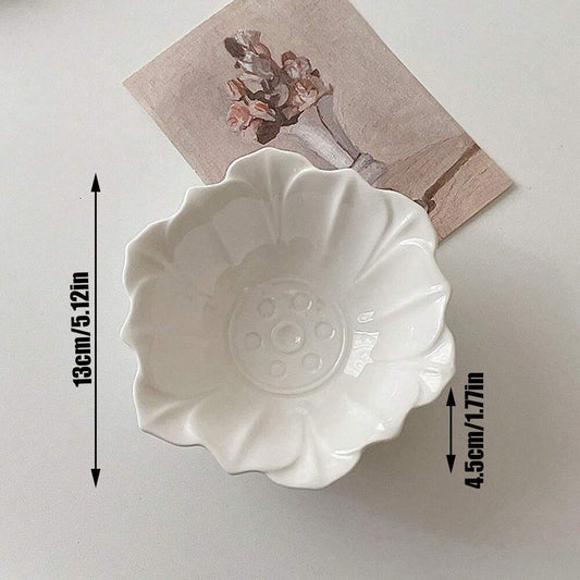 1pc Vintage Embossed Lotus Leaf Dessert Bowl Japanese Style Ceramic Breakfast Bowl Solid Color Sweet Gift For Kitchen Dining Room