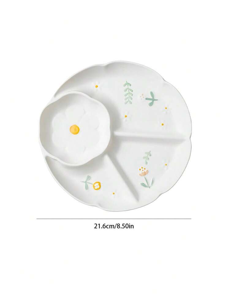 1pc Ceramic Divided Plate Embossed Floral Snack Dish Stylish Daisy Appetizer Tray Household Kitchen Dining Tableware Gift For Family
