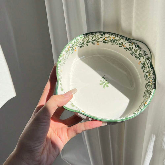 1/4pcs Dual Ear Floral Ceramic Bowls Large Capacity Soup Salad Pasta Noodle Fruit Bowls Oven Microwave Safe Picnic Hot Pot Tableware