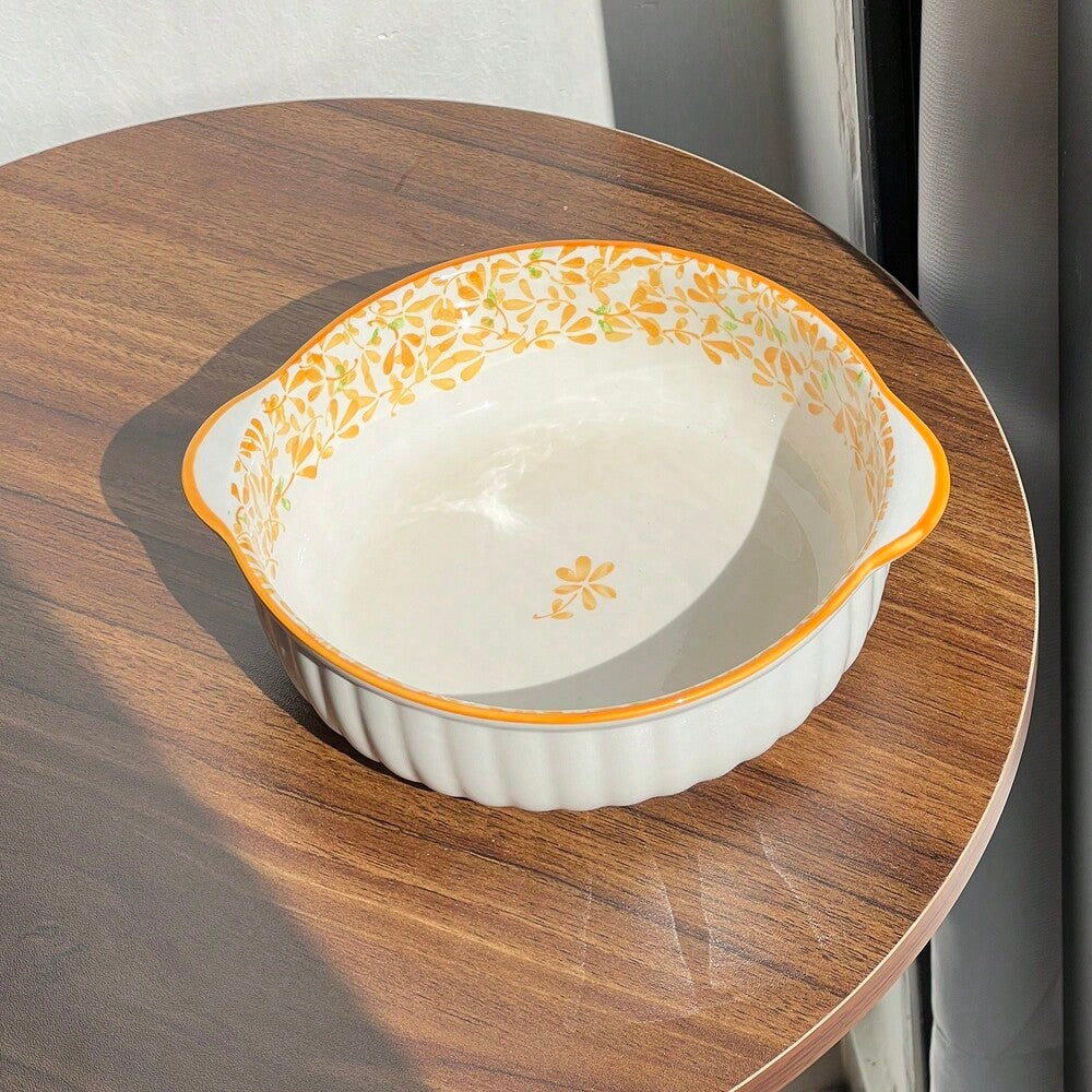 1/4pcs Dual Ear Floral Ceramic Bowls Large Capacity Soup Salad Pasta Noodle Fruit Bowls Oven Microwave Safe Picnic Hot Pot Tableware