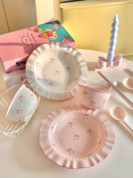 6pcs Ceramic Bowl And Plate Set Cute Breakfast Cereal Oatmeal Lunch Pasta Dish Microwave Safe Dinnerware Holiday Gift Kitchen Tableware