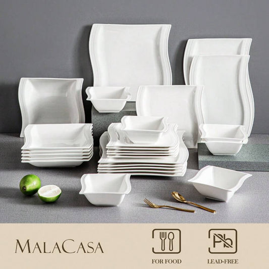 26pcs Porcelain Dinnerware Set For 6 White Corrugated Plates Dinner Dessert Soup Bowls Platters Elegant Complete Dining Tableware Kit