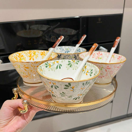 4pcs Ceramic Rice Bowl Set With Spoons Floral Pattern Tableware Oven Microwave Dishwasher Safe Hot Pot BBQ Camping Gift Dining Kitchen