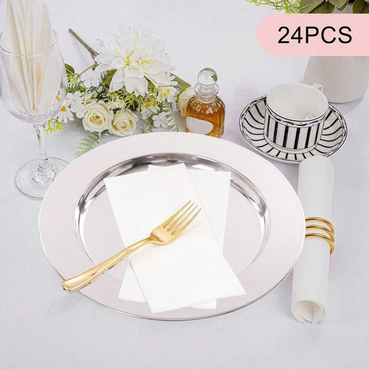 24pcs Stainless Steel Dessert Plates Silver Western Style Serving Dishes Elegant Home Office Kitchen Dining Party Tableware Set