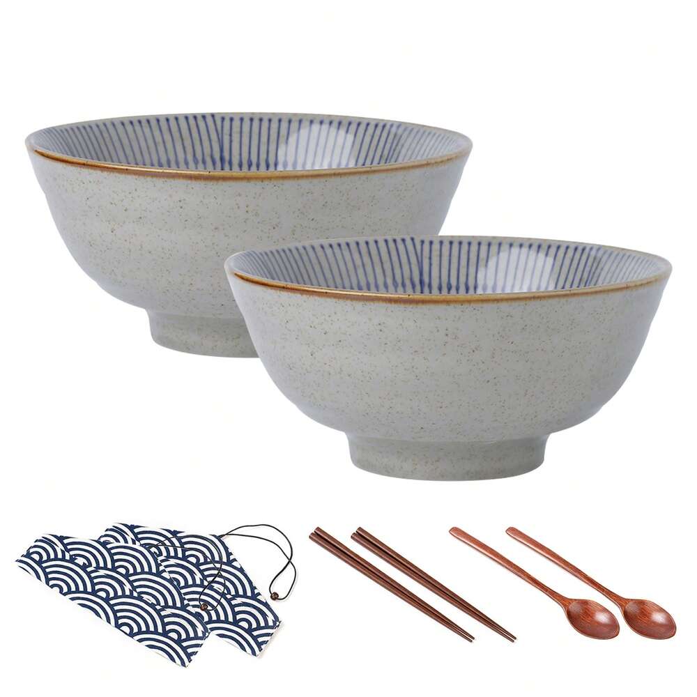 4pcs Japanese Ramen Bowls With Chopsticks 1100ml Large Noodle Soup Pasta Salad Ceramic Housewarming Gift Tableware Set 20cm Diameter