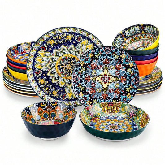 24pcs Multicolor Porcelain Dinnerware Set Bohemian Style Plates Bowls Mugs For 6 Ceramic Stamping Design Kitchen Dining Tableware