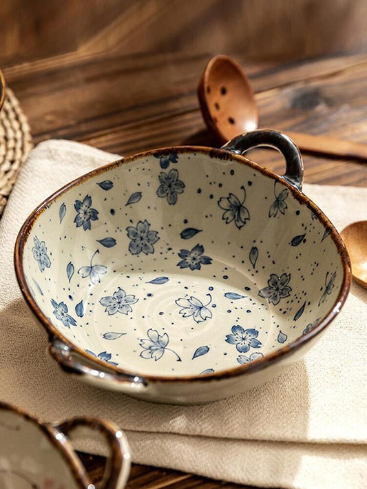 1pc Blue Floral Print Ceramic Bowl Double Ear Noodle Soup Bowl Household Kitchen Dining Tableware Gift Elegant Durable Porcelain Dish