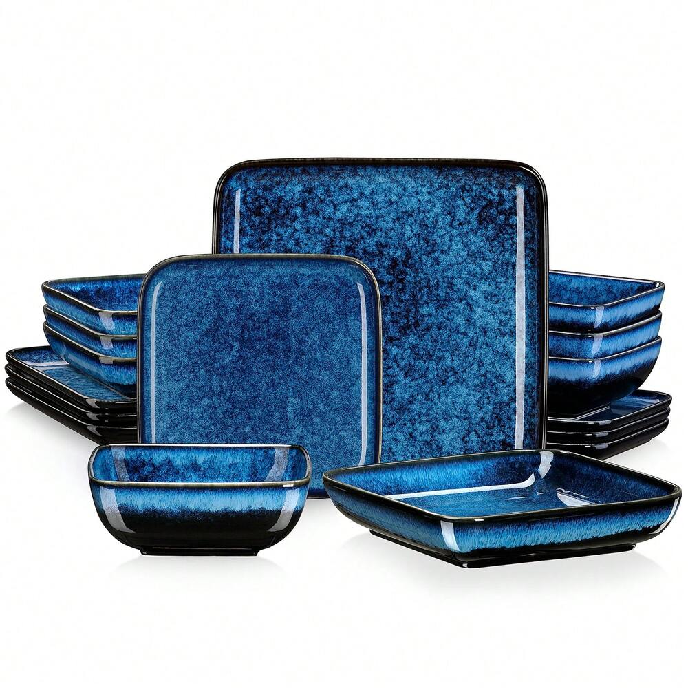 16pcs Porcelain Dinnerware Set For 4 Square Plates Bowls Soup Dessert Dishes Blue Color Elegant Kitchen Dining Complete Tableware Kit