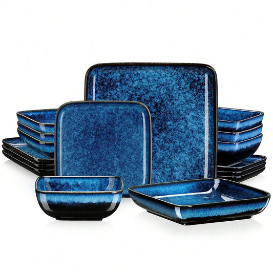 16pcs Porcelain Dinnerware Set For 4 Square Plates Bowls Soup Dessert Dishes Blue Color Elegant Kitchen Dining Complete Tableware Kit