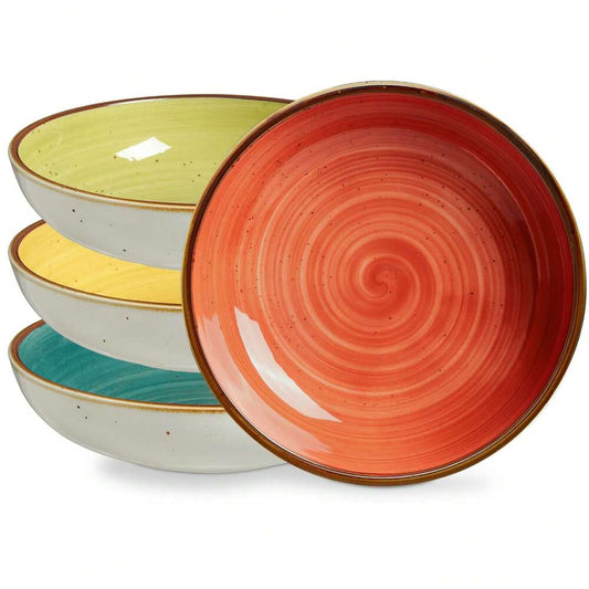 4pcs Pasta Salad Bowls Set 30oz Porcelain Shallow Dinnerware Assorted Colors Microwave Dishwasher Safe Kitchen Dining Tableware