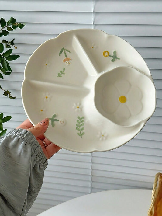 1pc Ceramic Divided Plate Embossed Floral Snack Dish Stylish Daisy Appetizer Tray Household Kitchen Dining Tableware Gift For Family