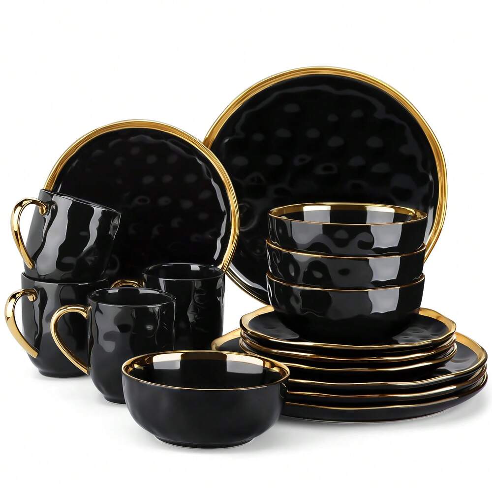 16pcs Stoneware Dinnerware Set Black With Gold Edge Plates Dessert Bowls Mugs For 4 Round Elegant Kitchen Dining Complete Tableware