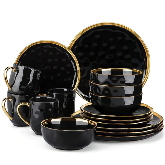 16pcs Stoneware Dinnerware Set Black With Gold Edge Plates Dessert Bowls Mugs For 4 Round Elegant Kitchen Dining Complete Tableware