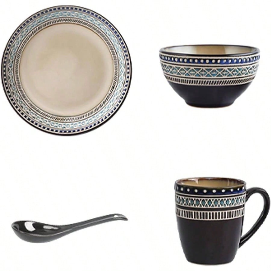 4pcs Ceramic Stackable Plates And Bowls Set Includes Dinner Plate Cup Bowl Scoop Durable Reusable Dinnerware Kitchen Dining Tableware