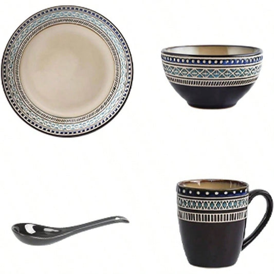 4pcs Ceramic Stackable Plates And Bowls Set Includes Dinner Plate Cup Bowl Scoop Durable Reusable Dinnerware Kitchen Dining Tableware