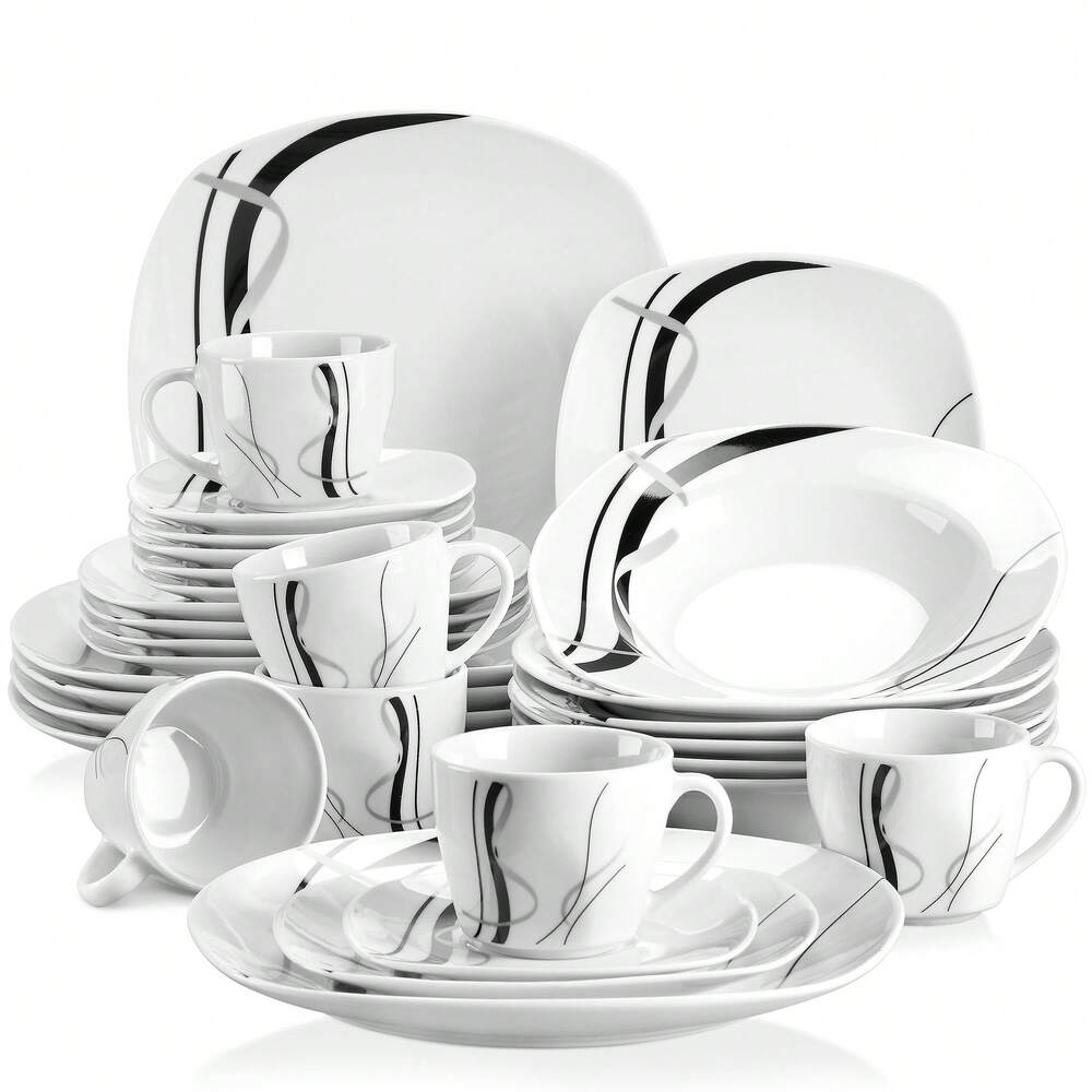 30pcs Porcelain Dinnerware Set White Squircle Plates Bowls Cups Saucers Complete Service For 6 Ceramic Decal Elegant Dining Tableware