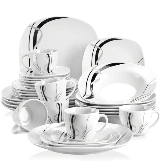 30pcs Porcelain Dinnerware Set White Squircle Plates Bowls Cups Saucers Complete Service For 6 Ceramic Decal Elegant Dining Tableware