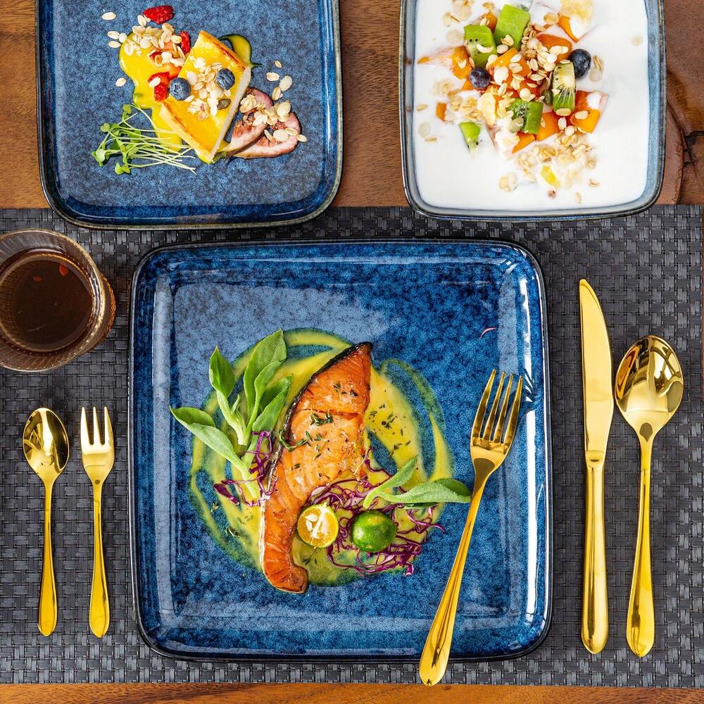 16pcs Porcelain Dinnerware Set For 4 Square Plates Bowls Soup Dessert Dishes Blue Color Elegant Kitchen Dining Complete Tableware Kit