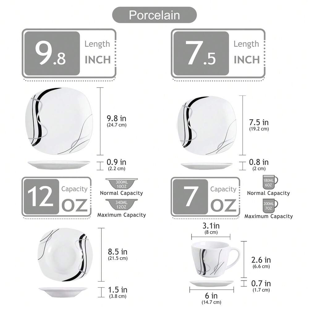 30pcs Porcelain Dinnerware Set White Squircle Plates Bowls Cups Saucers Complete Service For 6 Ceramic Decal Elegant Dining Tableware